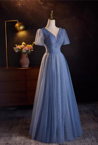 Graceful V Neck Blue Tulle A-Line Sweet 16th Gowns Short Sleeve Sequins Beading Prom Dress AP5517