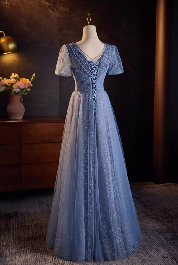 Graceful V Neck Blue Tulle A-Line Sweet 16th Gowns Short Sleeve Sequins Beading Prom Dress AP5517