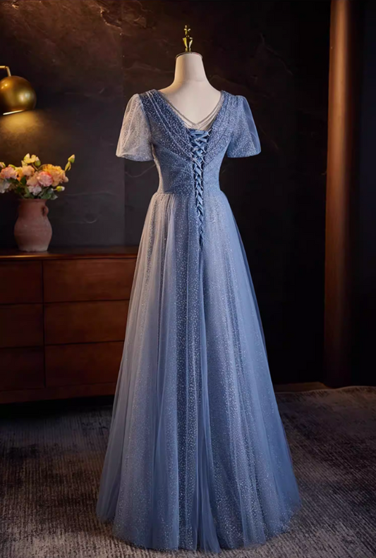 Graceful V Neck Blue Tulle A-Line Sweet 16th Gowns Short Sleeve Sequins Beading Prom Dress AP5517