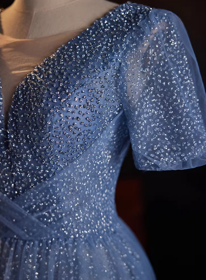 Graceful V Neck Blue Tulle A-Line Sweet 16th Gowns Short Sleeve Sequins Beading Prom Dress AP5517