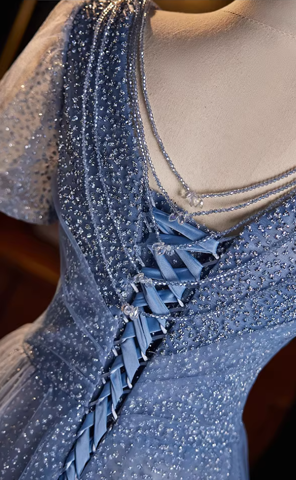 Graceful V Neck Blue Tulle A-Line Sweet 16th Gowns Short Sleeve Sequins Beading Prom Dress AP5517