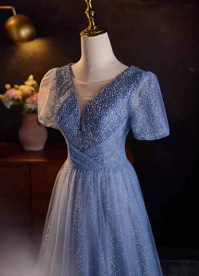 Graceful V Neck Blue Tulle A-Line Sweet 16th Gowns Short Sleeve Sequins Beading Prom Dress AP5517