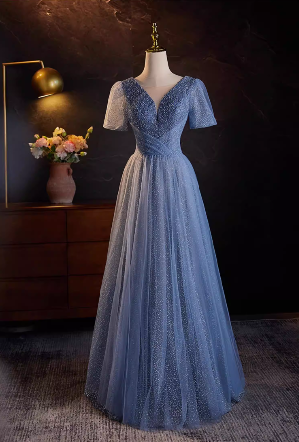 Graceful V Neck Blue Tulle A-Line Sweet 16th Gowns Short Sleeve Sequins Beading Prom Dress AP5517