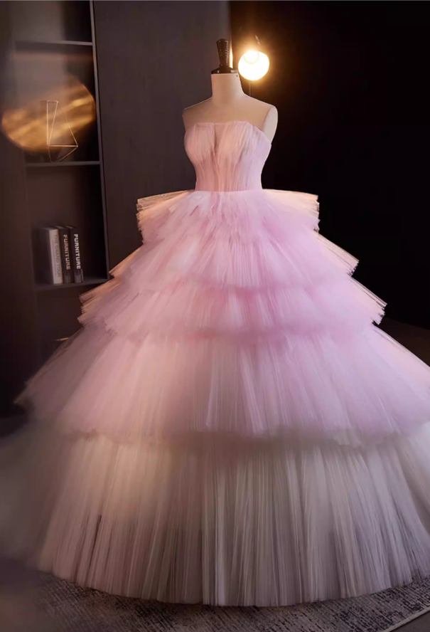 Elegant Strapless A-Line Sweet 16th Gowns Tiered Tulle Pink Prom Dress AP5518