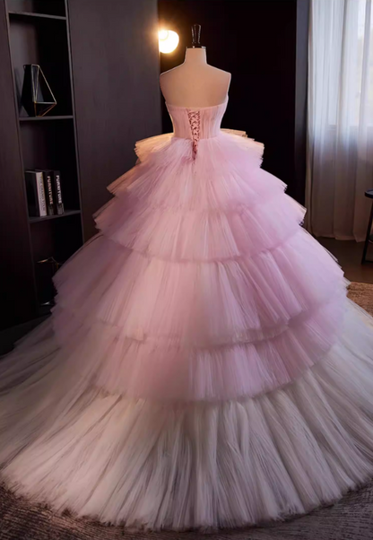 Elegant Strapless A-Line Sweet 16th Gowns Tiered Tulle Pink Prom Dress AP5518