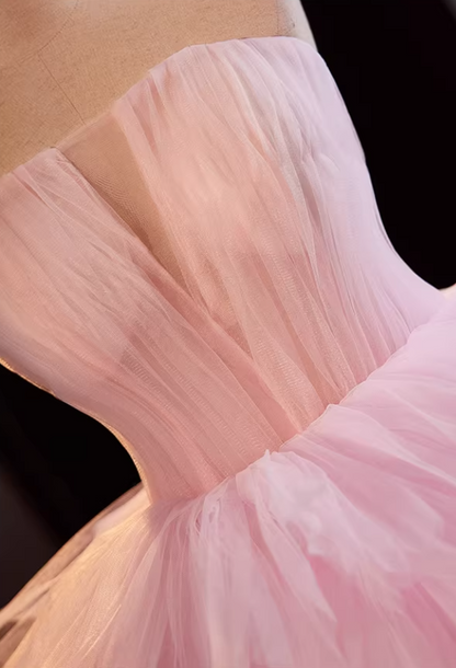 Elegant Strapless A-Line Sweet 16th Gowns Tiered Tulle Pink Prom Dress AP5518