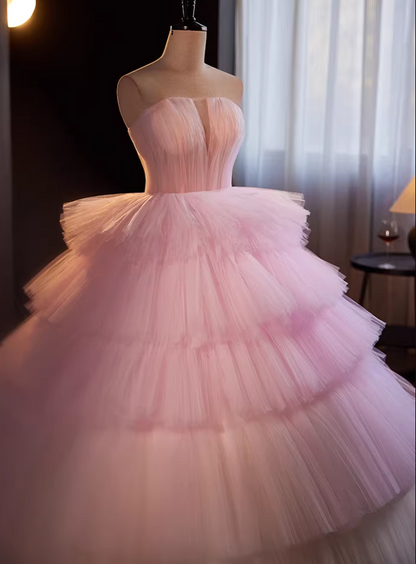Elegant Strapless A-Line Sweet 16th Gowns Tiered Tulle Pink Prom Dress AP5518