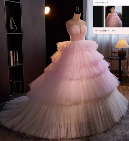 Elegant Strapless A-Line Sweet 16th Gowns Tiered Tulle Pink Prom Dress AP5518