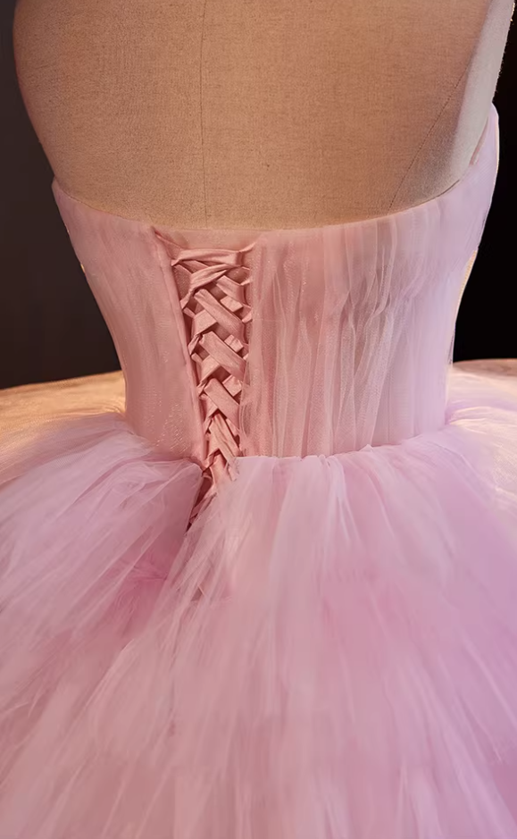 Elegant Strapless A-Line Sweet 16th Gowns Tiered Tulle Pink Prom Dress AP5518