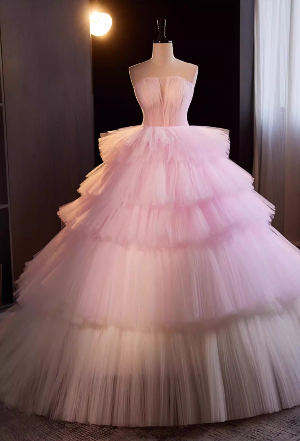 Elegant Strapless A-Line Sweet 16th Gowns Tiered Tulle Pink Prom Dress AP5518
