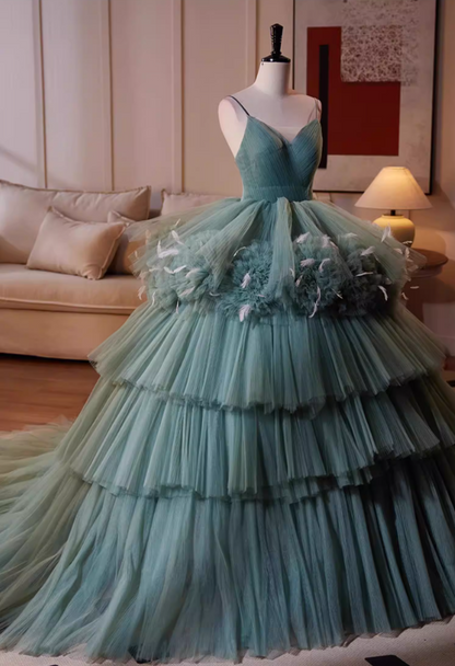 Sweet A-Line Spaghetti Strap Tiered Tulle Evening Gowns Handmade Flowers Feather Prom Dress AP5521