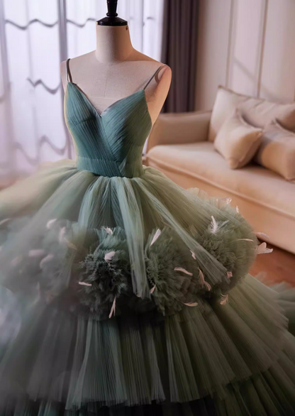 Sweet A-Line Spaghetti Strap Tiered Tulle Evening Gowns Handmade Flowers Feather Prom Dress AP5521