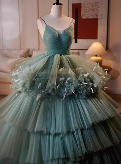 Sweet A-Line Spaghetti Strap Tiered Tulle Evening Gowns Handmade Flowers Feather Prom Dress AP5521