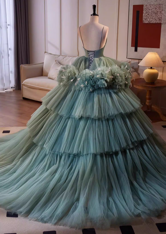 Sweet A-Line Spaghetti Strap Tiered Tulle Evening Gowns Handmade Flowers Feather Prom Dress AP5521
