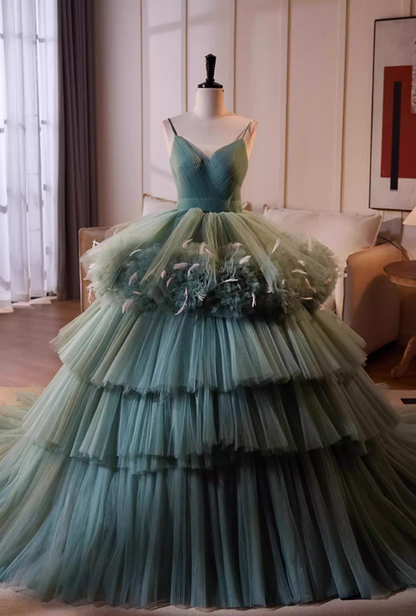 Sweet A-Line Spaghetti Strap Tiered Tulle Evening Gowns Handmade Flowers Feather Prom Dress AP5521