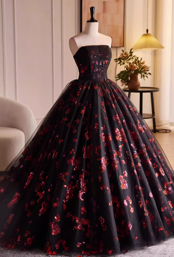 Cute Strapless A-Line Sweet 16th Gowns Floral Sequins Black Prom Dress AP5522