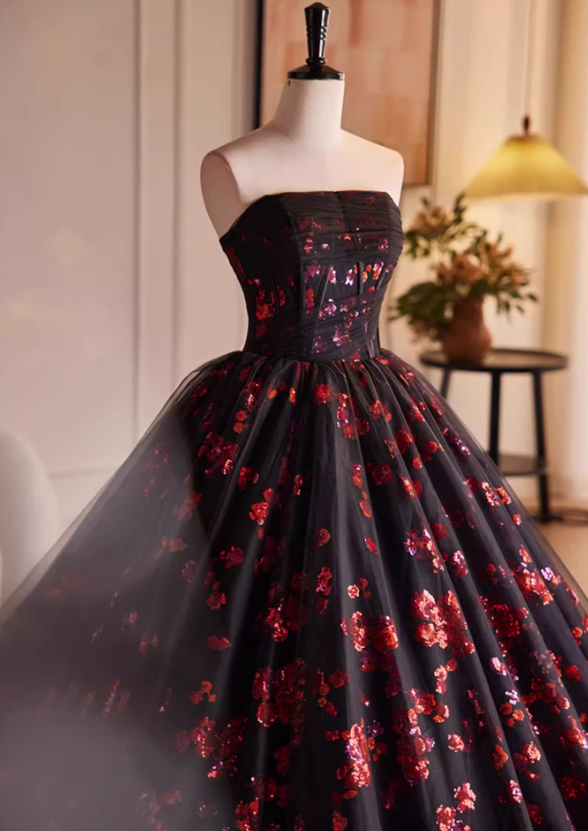 Cute Strapless A-Line Sweet 16th Gowns Floral Sequins Black Prom Dress AP5522