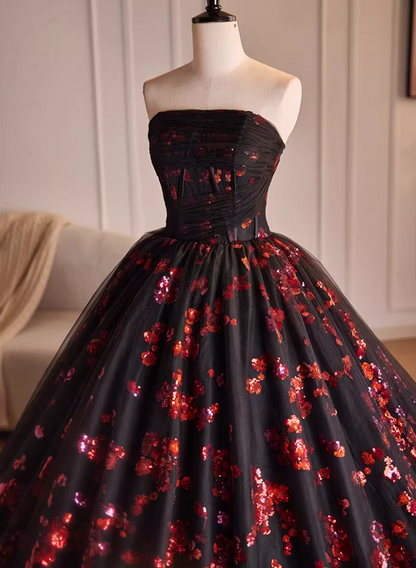 Cute Strapless A-Line Sweet 16th Gowns Floral Sequins Black Prom Dress AP5522