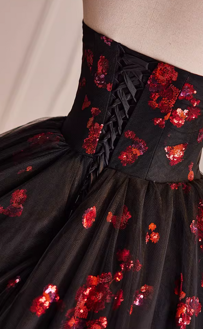 Cute Strapless A-Line Sweet 16th Gowns Floral Sequins Black Prom Dress AP5522