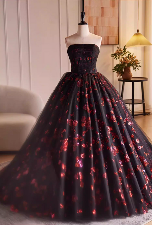 Cute Strapless A-Line Sweet 16th Gowns Floral Sequins Black Prom Dress AP5522