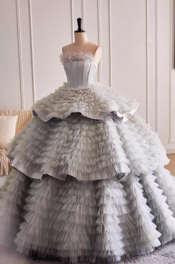 Vintage Strapless A-Line Tiered Sweet 16th Gowns Ruffles Tulle Prom Dress AP5523