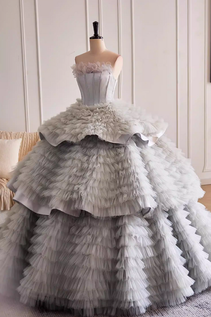Vintage Strapless A-Line Tiered Sweet 16th Gowns Ruffles Tulle Prom Dress AP5523