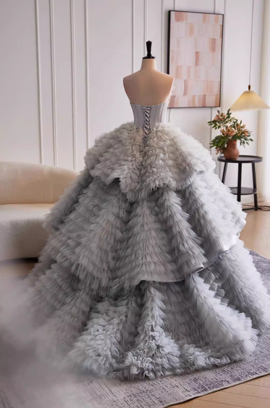 Vintage Strapless A-Line Tiered Sweet 16th Gowns Ruffles Tulle Prom Dress AP5523