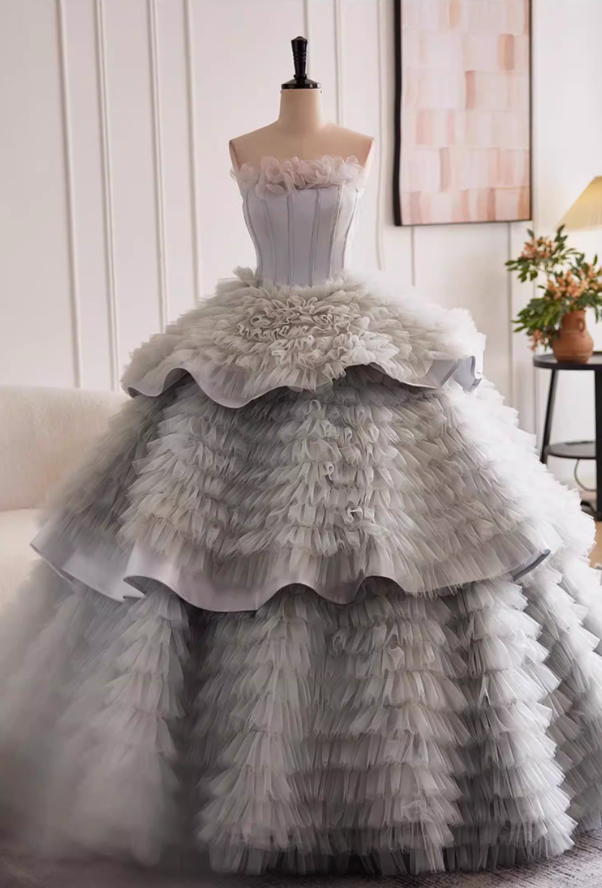 Vintage Strapless A-Line Tiered Sweet 16th Gowns Ruffles Tulle Prom Dress AP5523