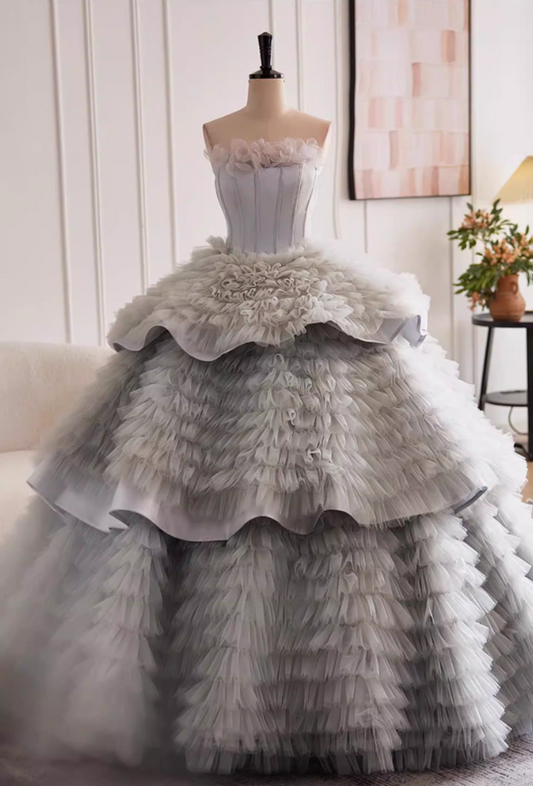 Vintage Strapless A-Line Tiered Sweet 16th Gowns Ruffles Tulle Prom Dress AP5523
