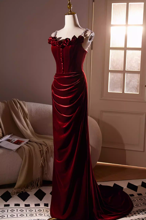 Dreamy Crystals Spaghetti Straps Draped Mermaid Evening Dresses 3D Appliques Red Velvet Prom Dress AP5525