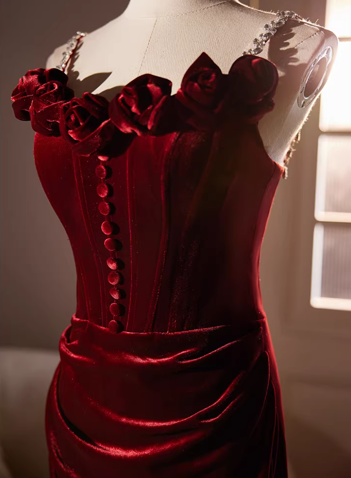 Dreamy Crystals Spaghetti Straps Draped Mermaid Evening Dresses 3D Appliques Red Velvet Prom Dress AP5525