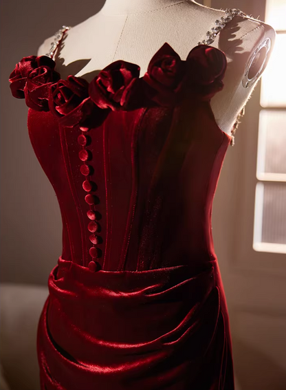 Dreamy Crystals Spaghetti Straps Draped Mermaid Evening Dresses 3D Appliques Red Velvet Prom Dress AP5525