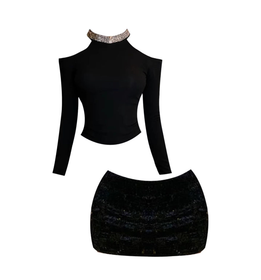 Alluring 2-Piece Long-Sleeve Bodycon Mini Dress Sexy Black Off-Shoulder Crop Top Rhinestone Halter Short Dress AP5527
