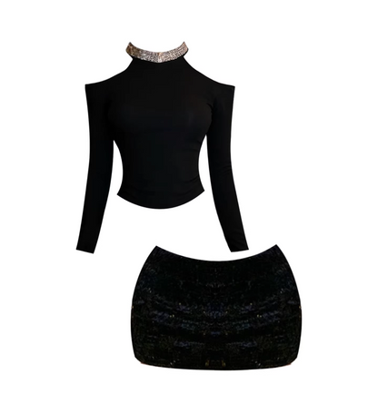 Alluring 2-Piece Long-Sleeve Bodycon Mini Dress Sexy Black Off-Shoulder Crop Top Rhinestone Halter Short Dress AP5527