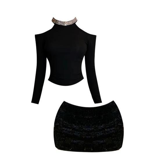 Alluring 2-Piece Long-Sleeve Bodycon Mini Dress Sexy Black Off-Shoulder Crop Top Rhinestone Halter Short Dress AP5527