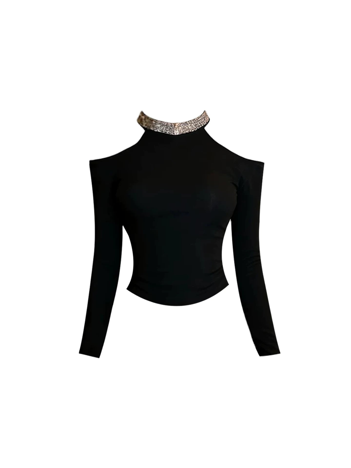 Alluring 2-Piece Long-Sleeve Bodycon Mini Dress Sexy Black Off-Shoulder Crop Top Rhinestone Halter Short Dress AP5527