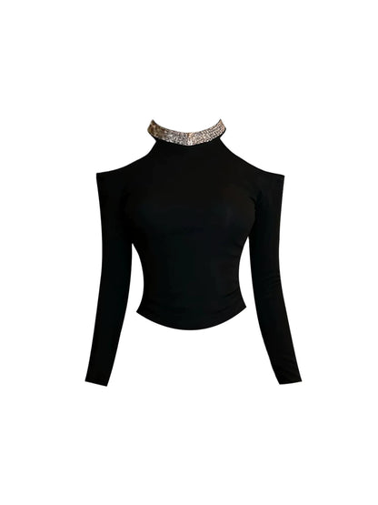 Alluring 2-Piece Long-Sleeve Bodycon Mini Dress Sexy Black Off-Shoulder Crop Top Rhinestone Halter Short Dress AP5527