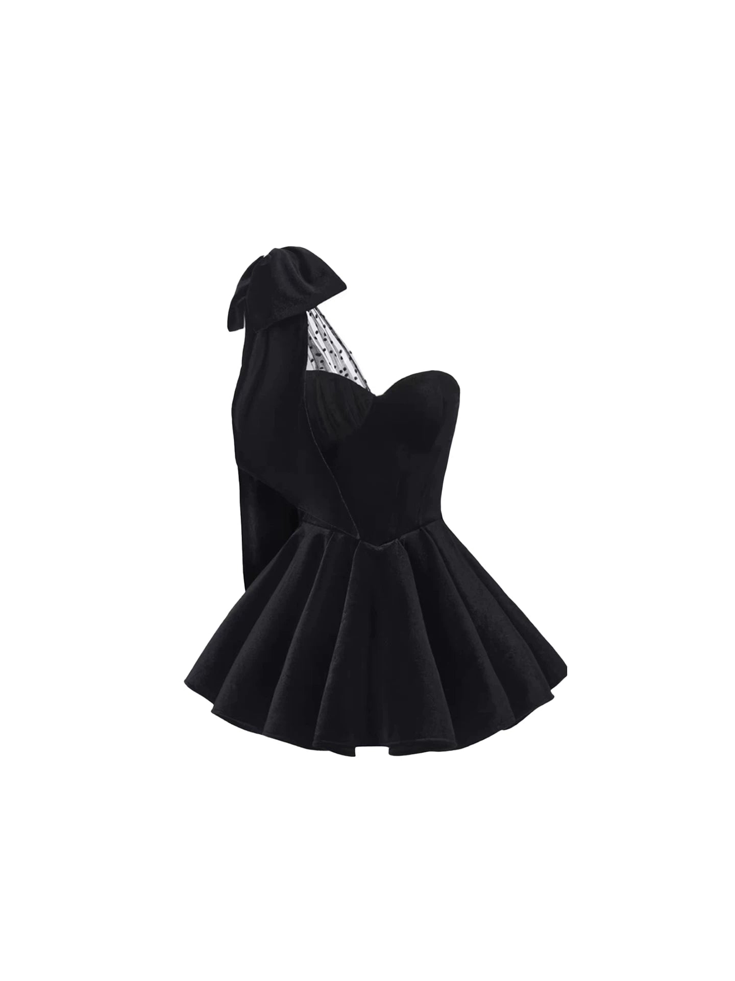 Gorgeous Polka Dot Sheer Panel Corset Bodice A-Line Mini Skirt Chic Black Asymmetric Bow Velvet One-Shoulder Short Dress AP5528
