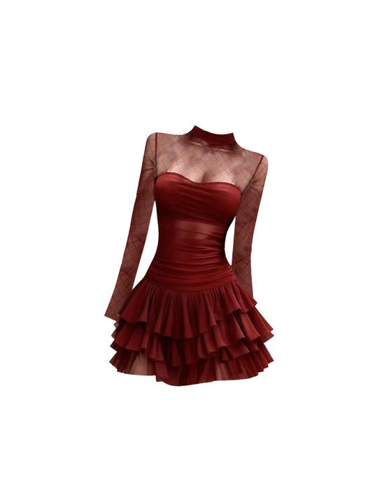 Glam Long Sleeve High Neck A-Line Mini Skirt Alluring Ruched Bodice Tiered Ruffled Short Dress AP5529