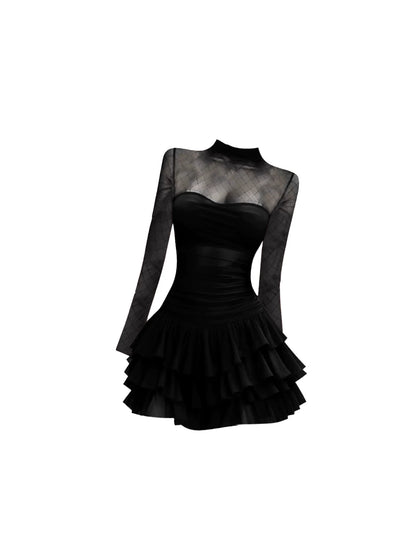 Glam Long Sleeve High Neck A-Line Mini Skirt Alluring Ruched Bodice Tiered Ruffled Short Dress AP5529