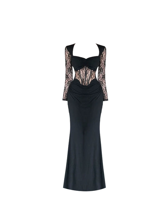 Glamorous Sweetheart Neckline Mermaid Maxi Dress Elegant Black Sheer Lace Long Sleeve Long Dress AP5530