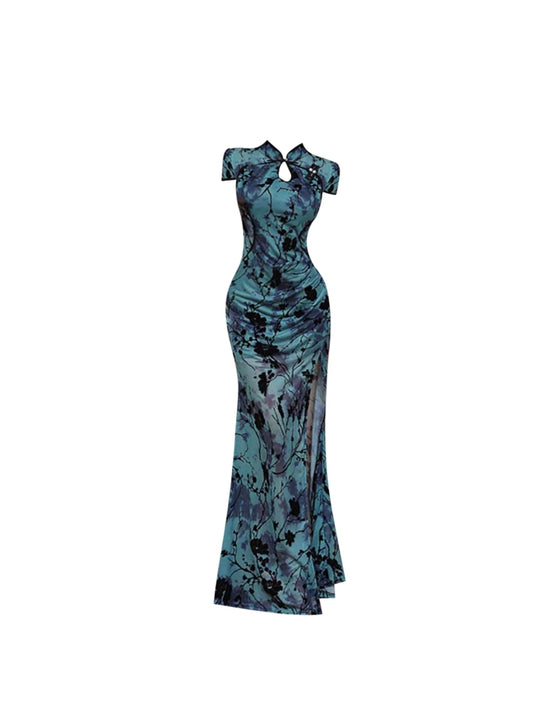 Dramatic Mandarin Collar High-Slit Mermaid Maxi Dress Glamorous Teal Black Floral Long Sleeve Long Dress AP5531