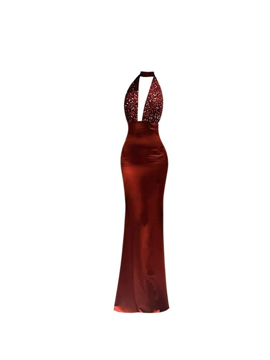 Sheen Sequin Cutout Neckline Mermaid Maxi Dress Luxe Red Satin Halter Long Dress AP5532