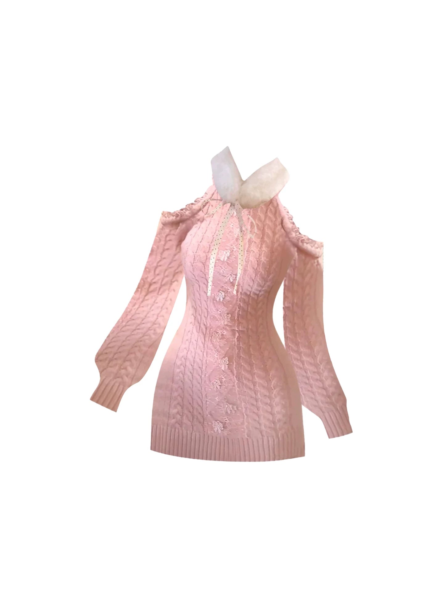 Novelty Faux Fur Neck Bow Off-Shoulder Bodycon Mini Dress Cozy Pink Long Sleeve Cable Knit Lace Floral Details Halter Short Dress AP5533