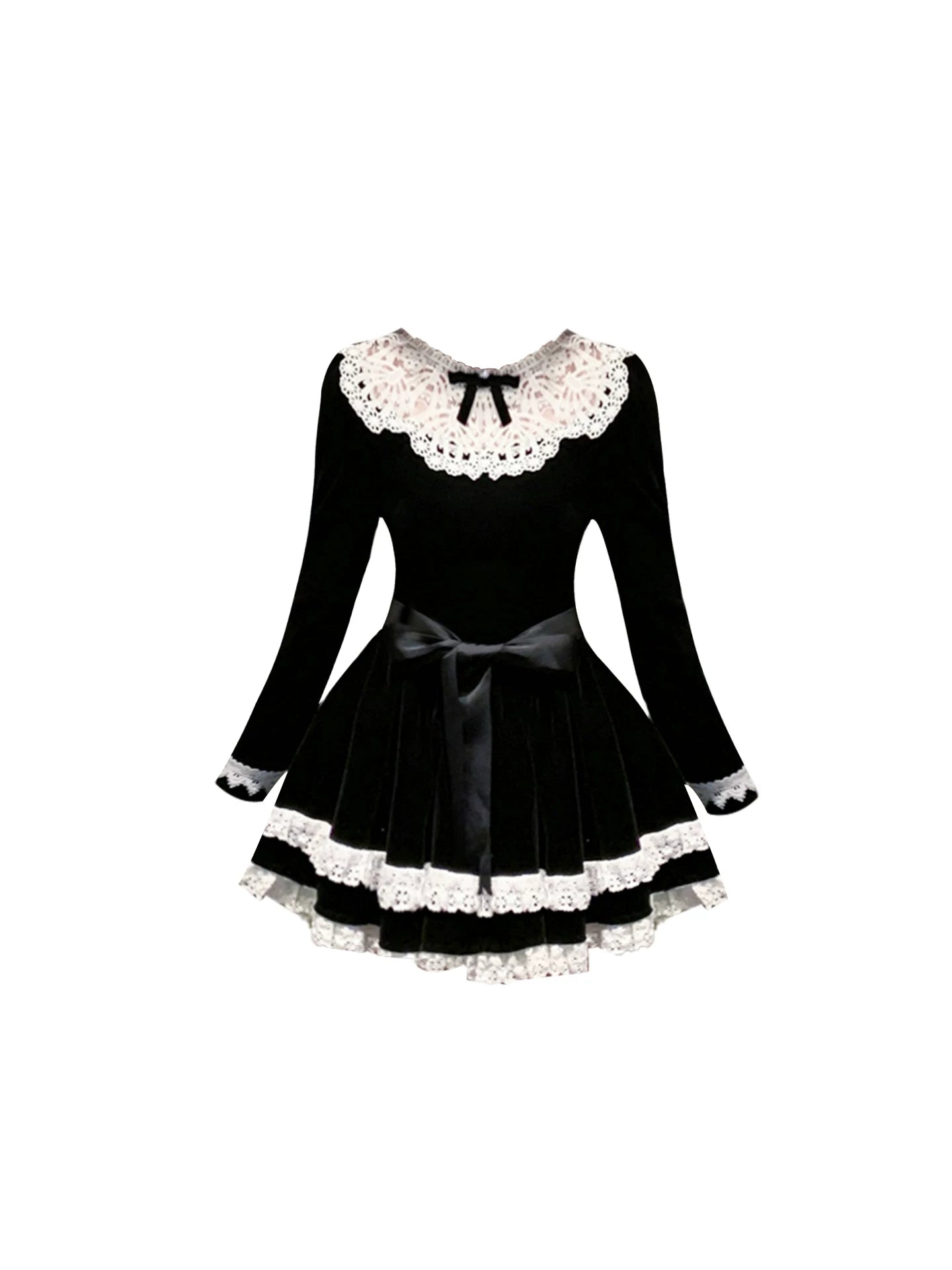 Unique White Scalloped Lace Collar Ribbon Bow Waist A-Line Mini Skirt Elegant Black Long Sleeve Velvet Ruffled Details Short Dress AP5534