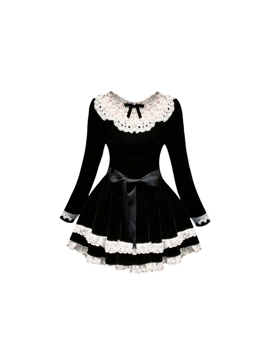 Unique White Scalloped Lace Collar Ribbon Bow Waist A-Line Mini Skirt Elegant Black Long Sleeve Velvet Ruffled Details Short Dress AP5534
