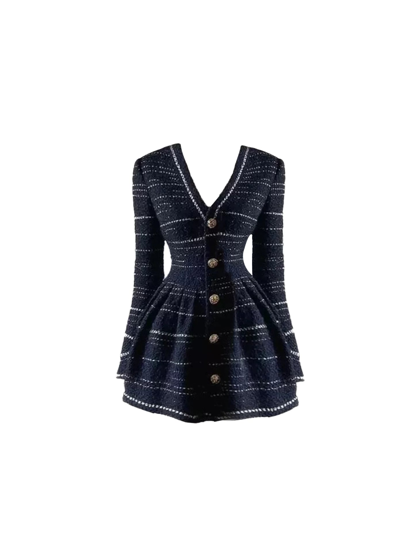 Vibrant Deep V-Neckline Gold Button Details A-Line Mini Skirt Classic Black White Tweed Long Sleeve Short Dress AP5535