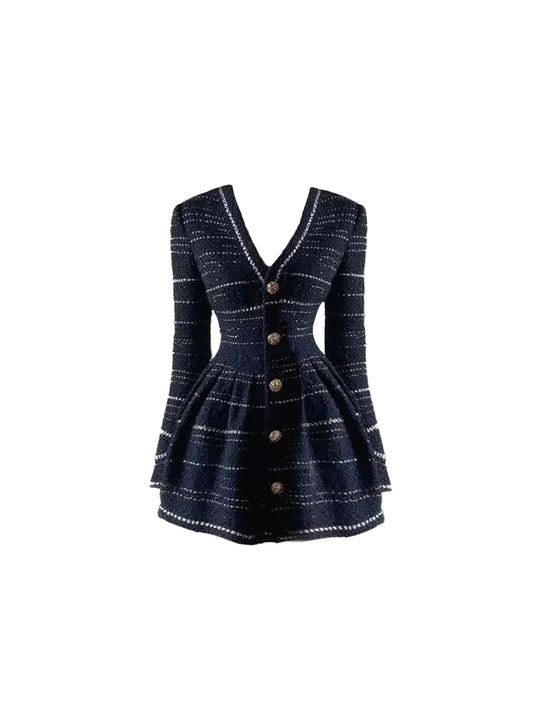 Vibrant Deep V-Neckline Gold Button Details A-Line Mini Skirt Classic Black White Tweed Long Sleeve Short Dress AP5535