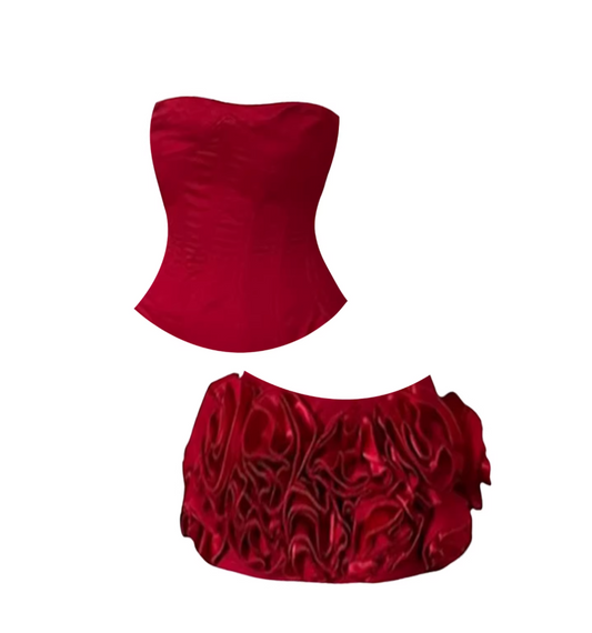 Fashionable Strapless Bodycon Layered Ruffle Rose Mini Skirt Sexy Red Satin Corset Crop Top 2-Piece Short Dress AP5536