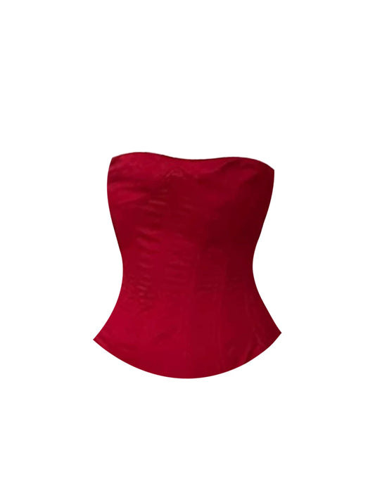 Fashionable Strapless Bodycon Layered Ruffle Rose Mini Skirt Sexy Red Satin Corset Crop Top 2-Piece Short Dress AP5536